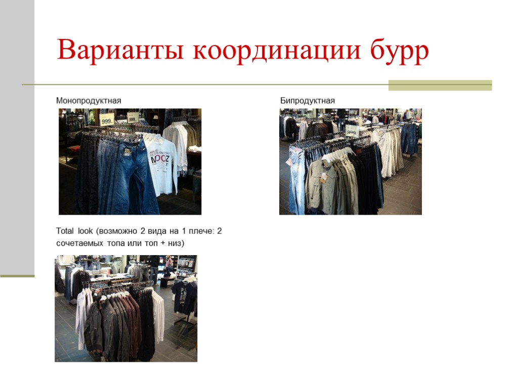 Варианты координации бурр Монопродуктная Бипродуктная Total look (возможно 2 вида на 1 плече: 2